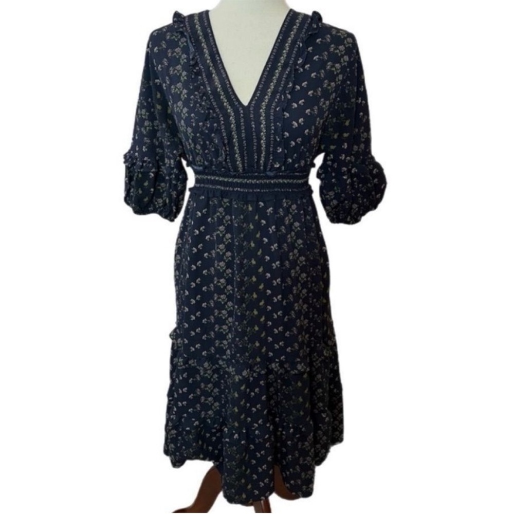 Max Studio Floral Midi Dress, Puffed-Half-Sleeve Navy Blue Ruffle Dress, Small